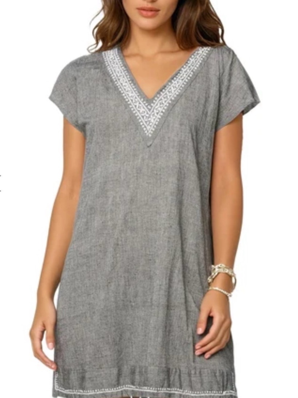 Subtle Luxury Gray Embroidered V-Neck Shift Tunic
